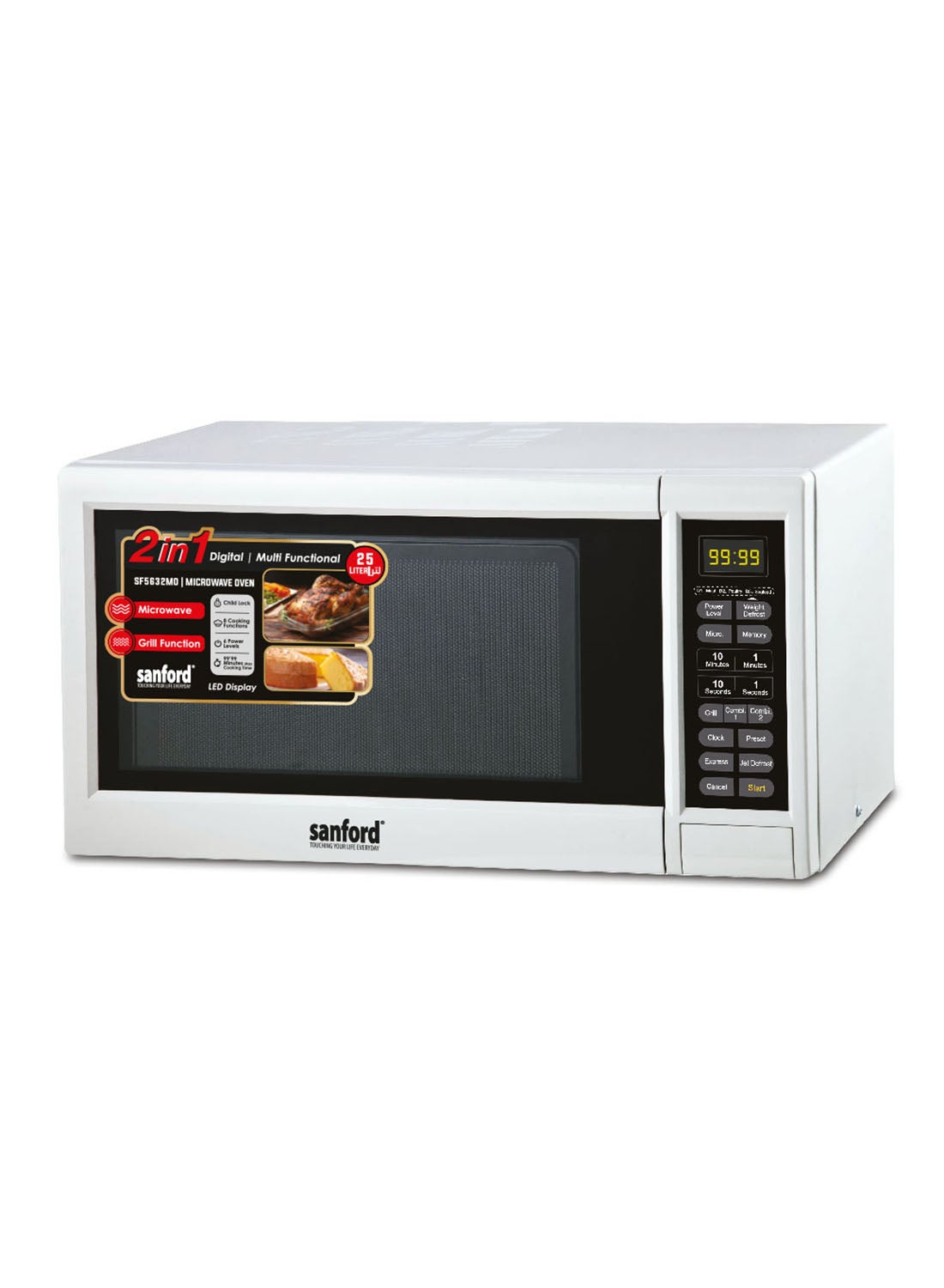Sanford Microwave Oven 25L 1400 W SF5632MO BS - WhiteKitchen Appliances25 Liter Capacity, Durable Body Material. 2 in 1 Microwave & Grill Function. Control Panel with LED Display. 10 Power Levels Settings. 8 Cooking Functions. Defrost and Preset Functions